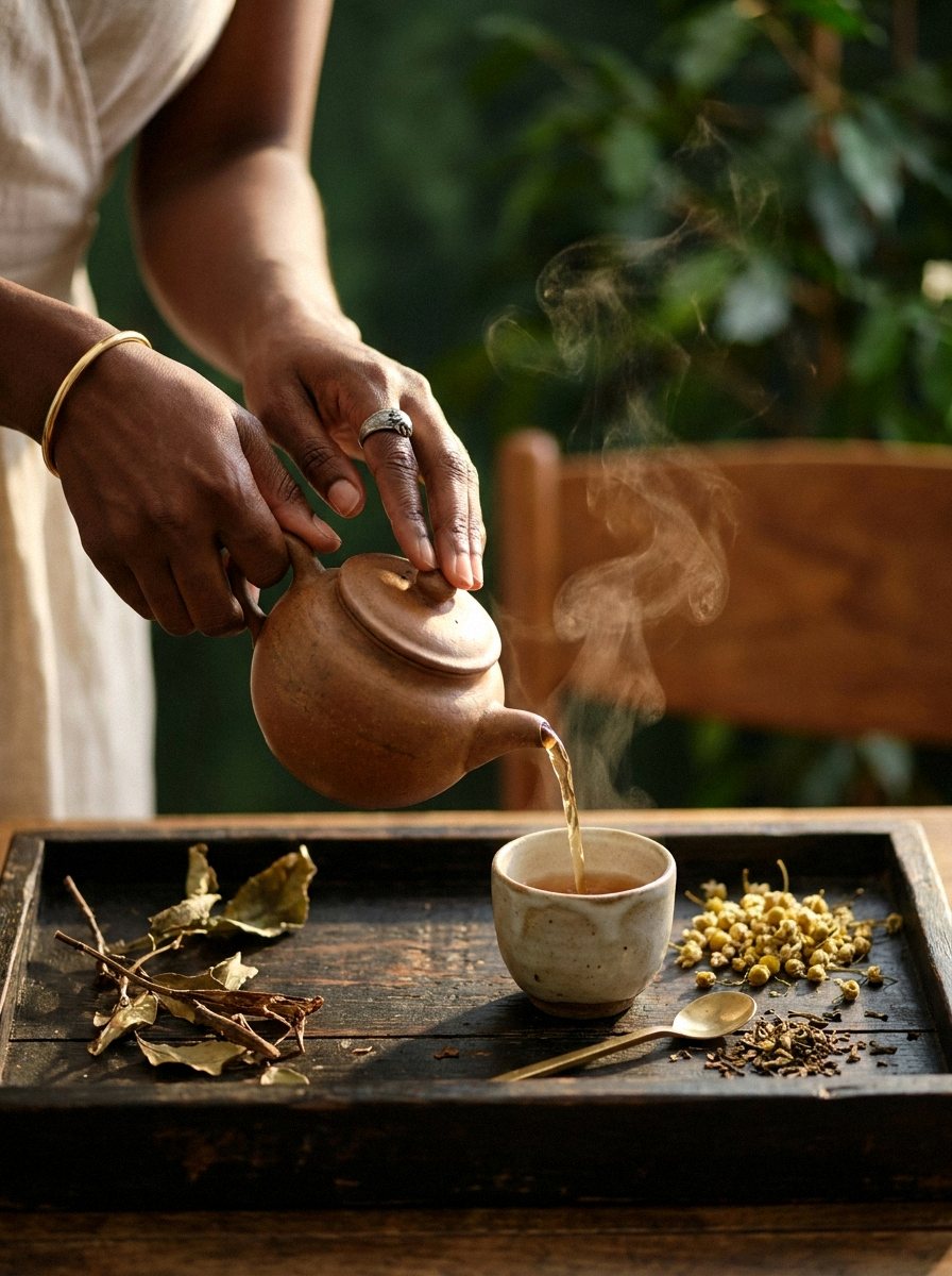 La tisane d'accueil, versée à la main